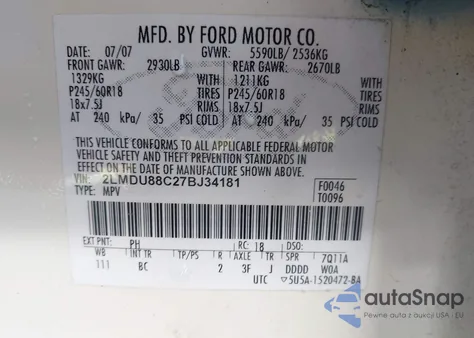 2007 Lincoln Mkx z USA, uszkodzony, nr VIN 2LMDU88C27BJ34181